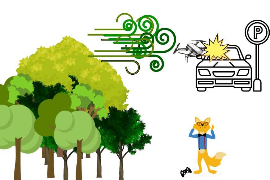 Eine Windböe erfasst die Drohne und der Quadrocopter fliegt in ein Autofenster